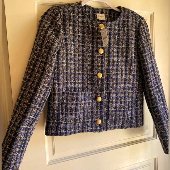 J. Crew Jackets & Blazers - NWT J Crew Woven Tweed  Herringbone Cropped Jacket with Gold Buttons Size 2 Blue